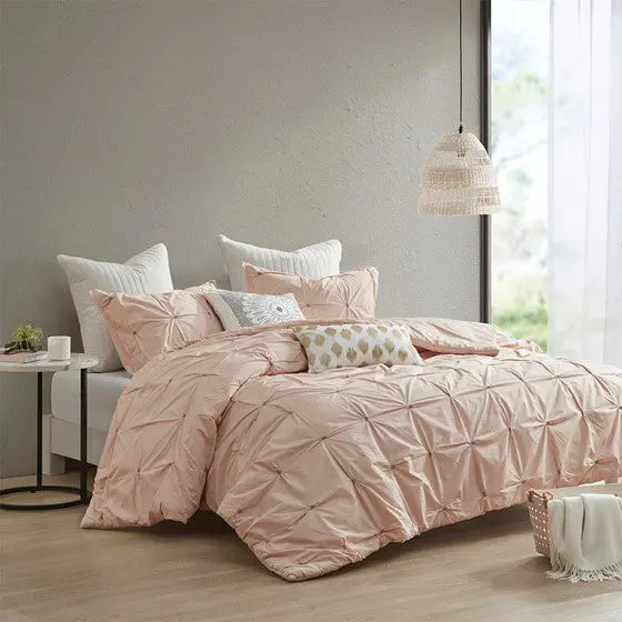 3 Piece Elastic Embroidered Cotton Comforter Set Blush Cal King