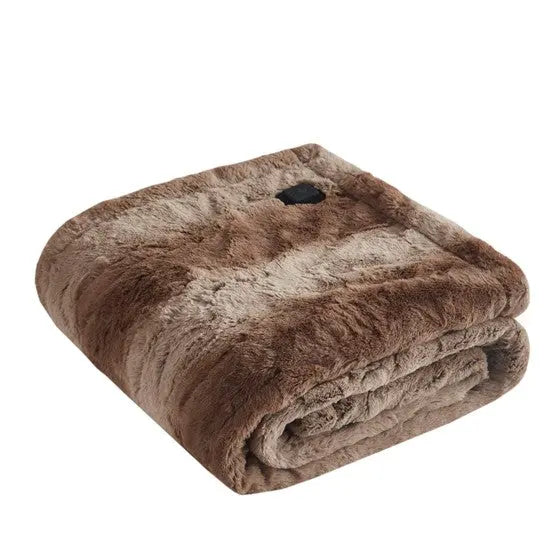 Faux Fur Heated Wrap with Built-in Controller Tan