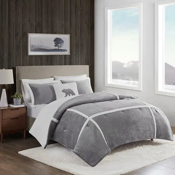 Plush to Sherpa Comforter Set Grey Full/Queen