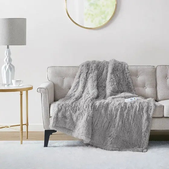Shaggy Faux Fur Heated Throw Grey
