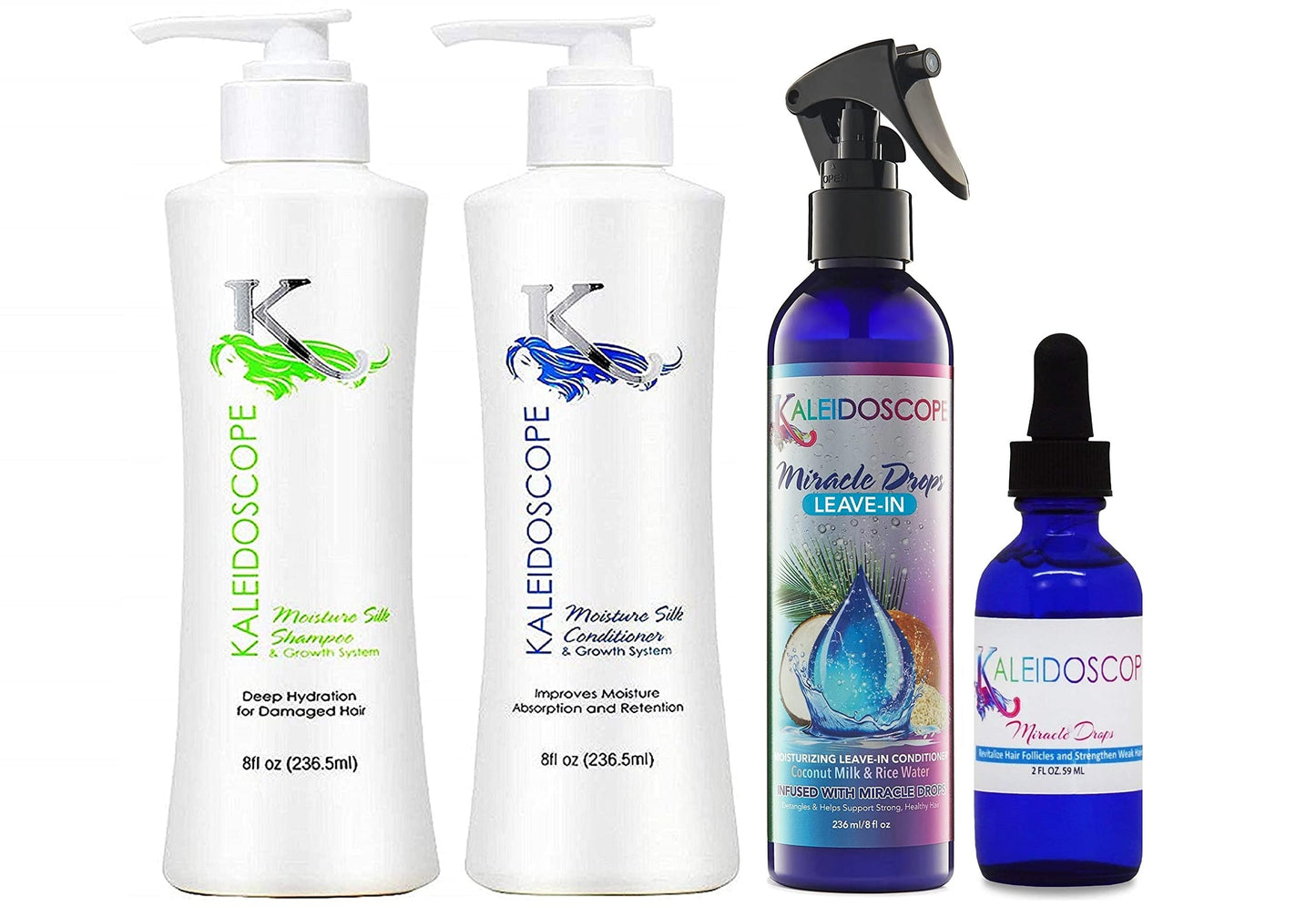 Kaleidoscope Moisture Silk Shampoo + Conditioner + Leave in 8oz + Drops 2oz