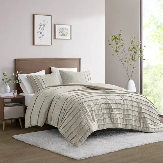3 Piece Striated Cationic Dyed Oversized Comforter Set With Pleats Natural Full/Queen