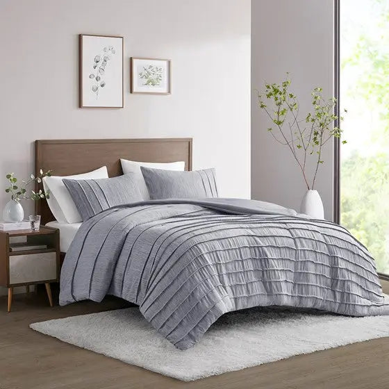 3 Piece Striated Cationic Dyed Oversized Comforter Set with Pleats Blue Full/Queen