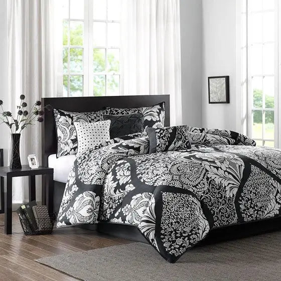 7 Piece Cotton Printed Comforter Set Black Queen