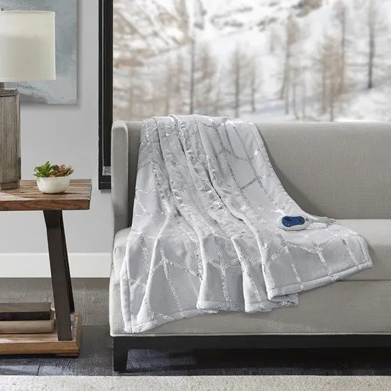 Heated Metallic Print Throw Grey