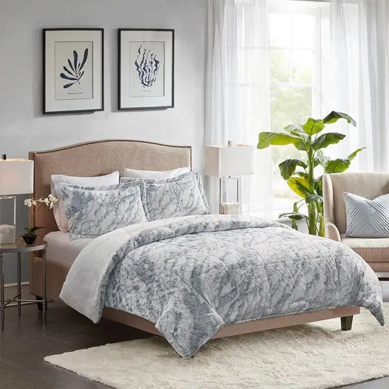 Marble Faux Fur Comforter Set Grey/Blue King