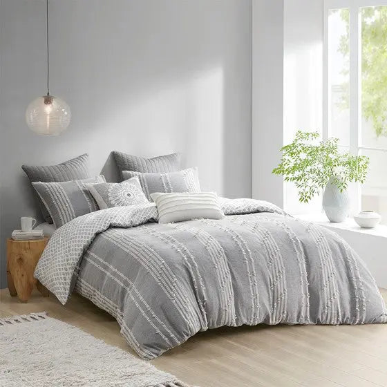 3 Piece Cotton Jacquard Comforter Set Gray Full/Queen