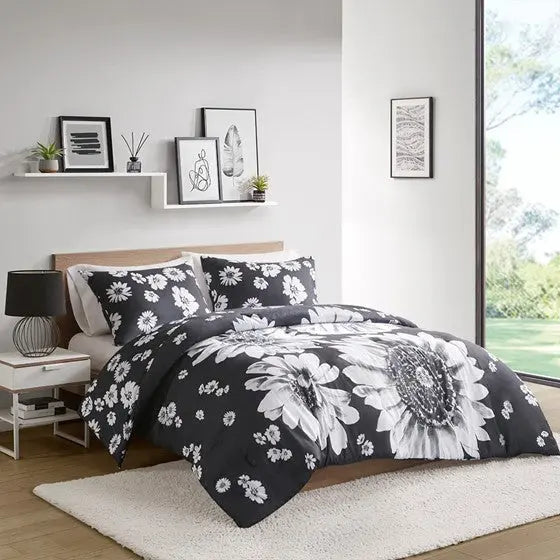 Floral Reversible Comforter Set Black/White Twin XL