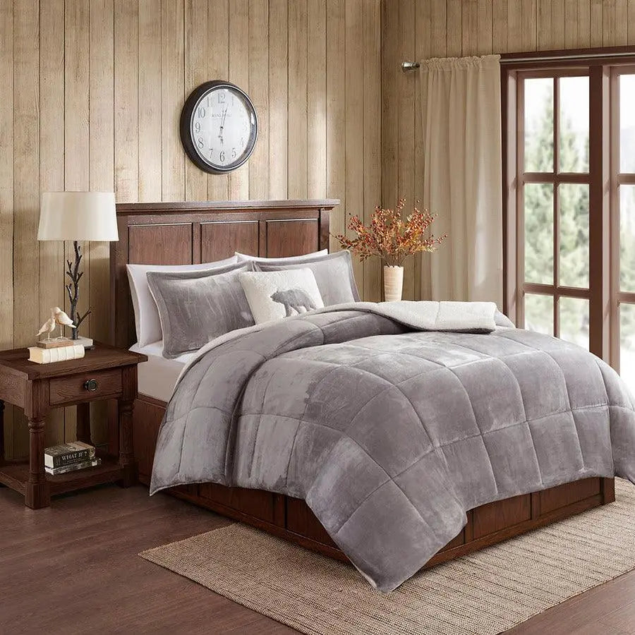 Alton Transitional Plush to Sherpa Down Alternative Comforter Set Gray | Ivory Twin