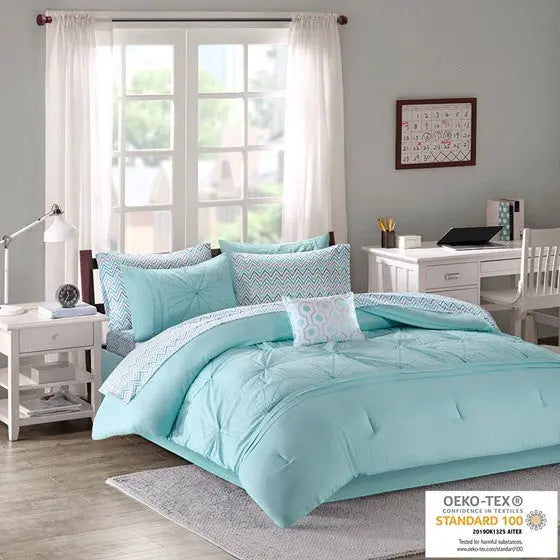 Embroidered Comforter Set with Bed Sheets Aqua Twin XL