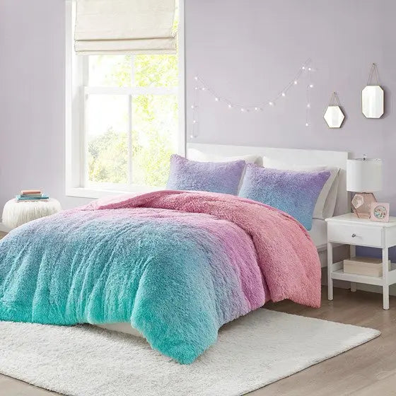 Ombre Shaggy Faux Fur Comforter Set Purple Multi Full/Queen