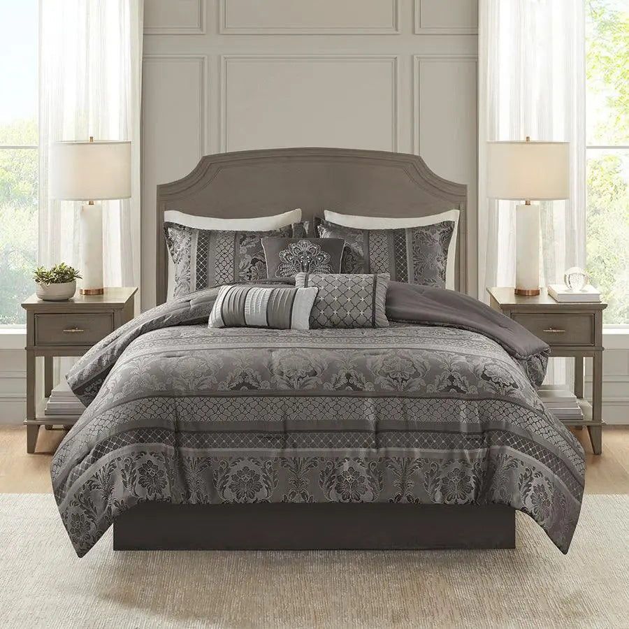 Bellagio Queen 7 Piece Jacquard Traditional Comforter Set Gray