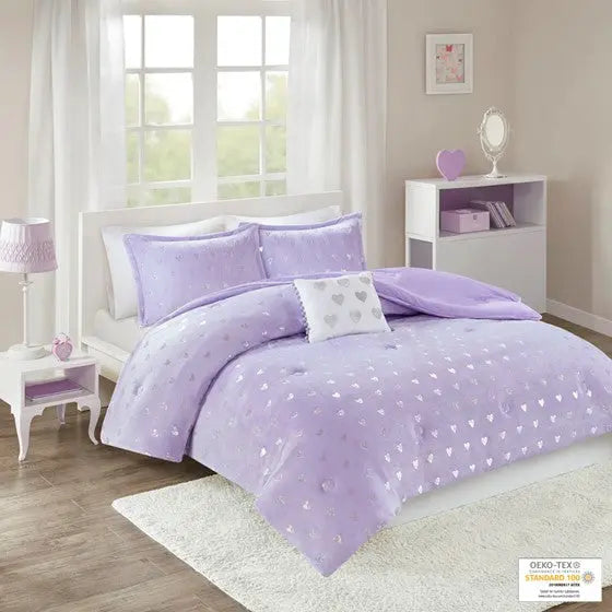Metallic Printed Plush Comforter Set Purple/Silver Twin XL
