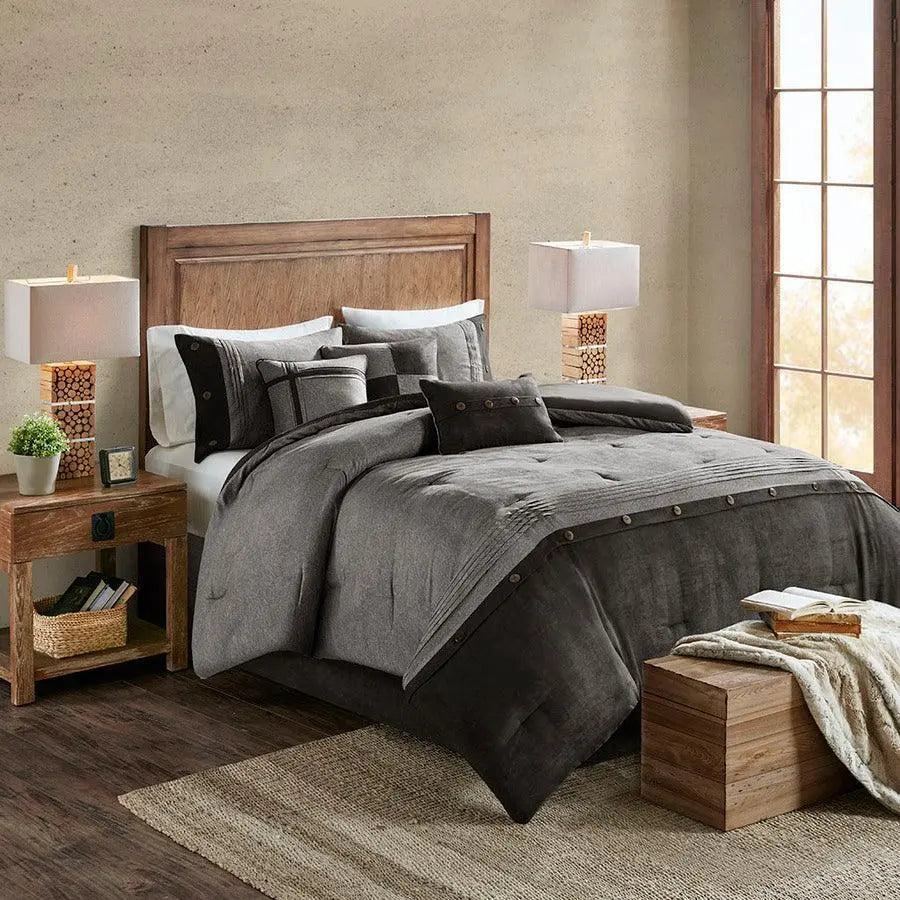 Boone Traditional 7 Piece Faux Suede Comforter Set Gray King