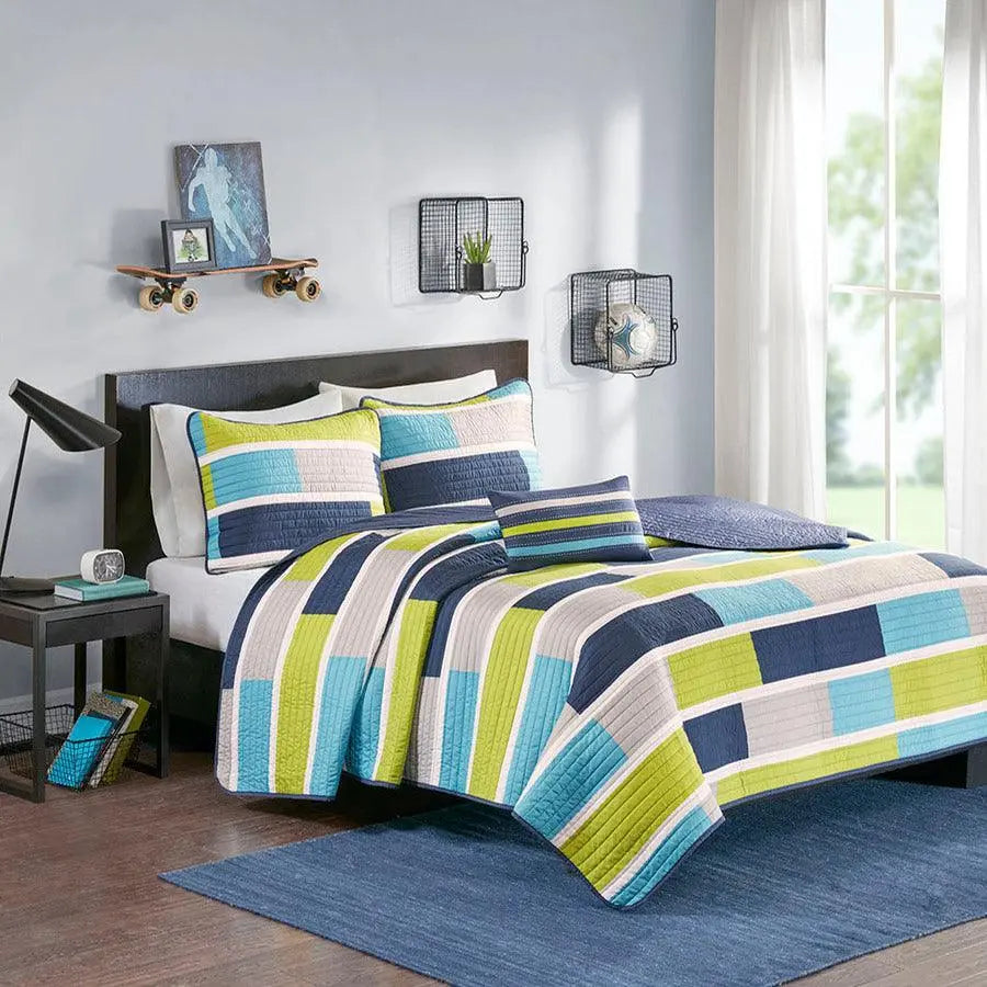 Bradley Full/Queen Reversible Coverlet Set Blue & Lime Green