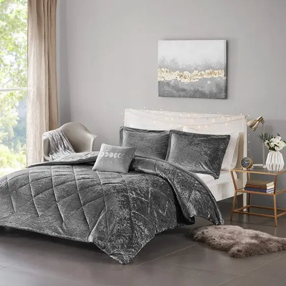 Velvet Comforter Set Grey Cal King
