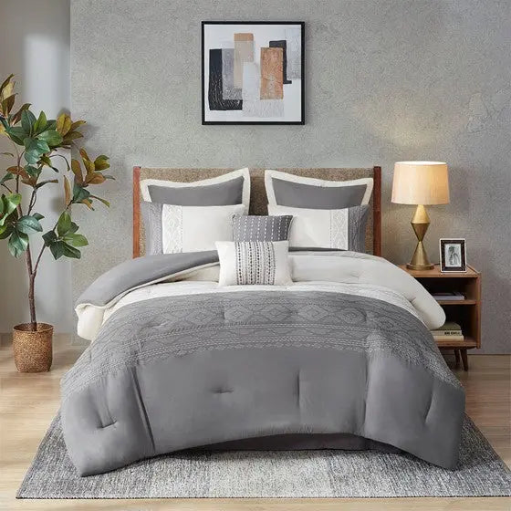 8 Piece Embroidered Comforter Set Grey King