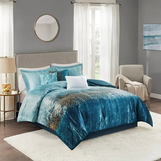 7 Piece Metallic Print Comforter Set Navy Queen