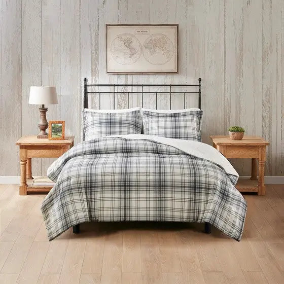 Faux Wool to Faux Fur Down Alternative Comforter Set Gray Plaid Twin XL