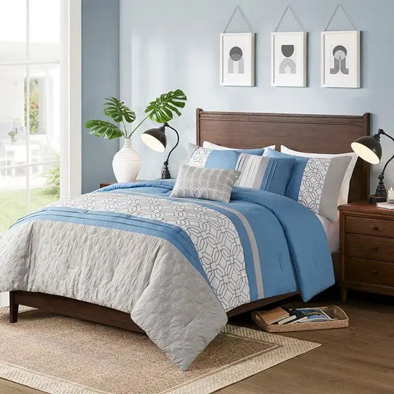 Embroidered 5 Piece Comforter Set Blue Full/Queen