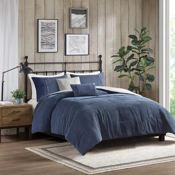 5 Piece Corduroy Comforter Set Navy Full/Queen