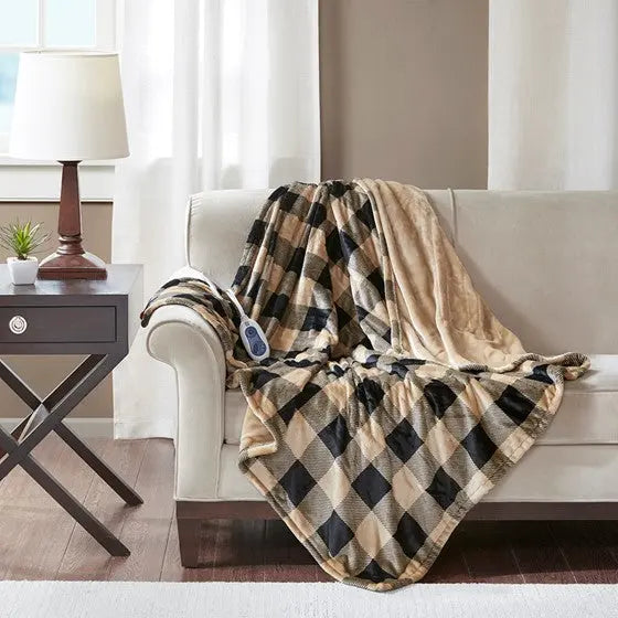 Oversized Heated Plush Throw Buffalo Check Tan