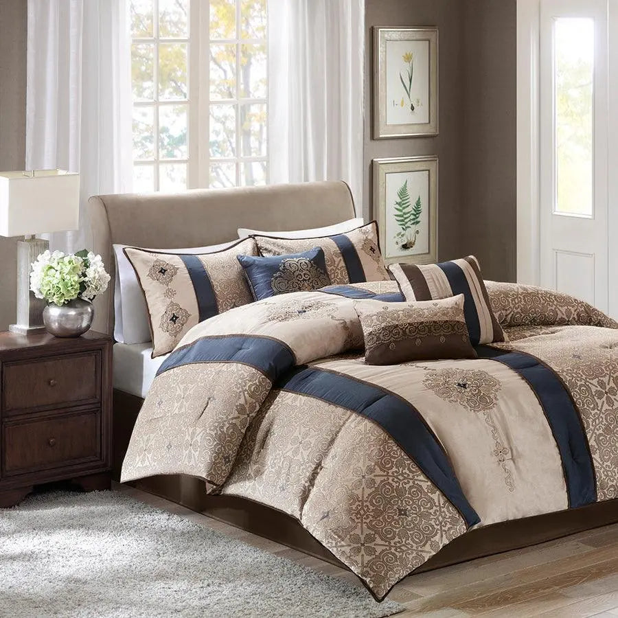 Donovan Queen 7 Piece Jacquard Comforter Set Navy