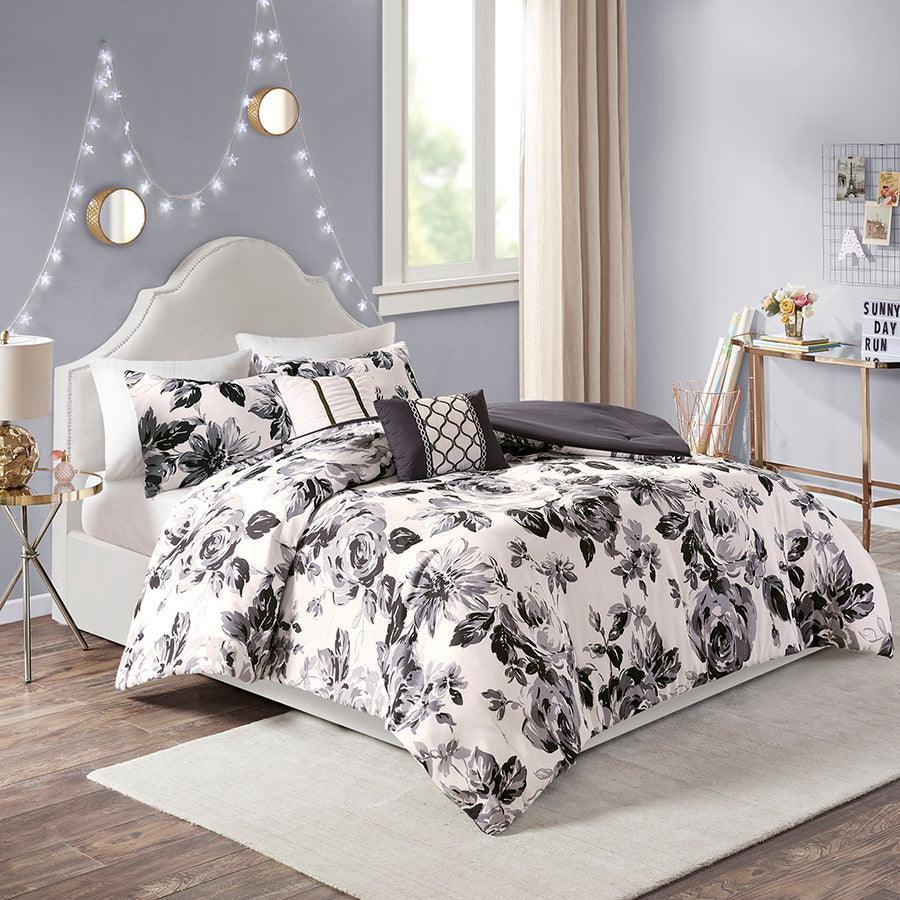 Dorsey Floral Print Microfiber Comforter Set Black & White Full/Queen