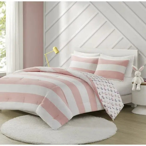 Cotton Cabana Stripe Reversible Comforter Set with Rainbow Reverse Pink Full/Queen