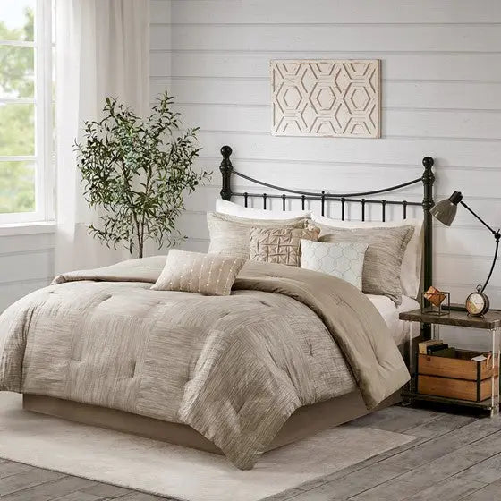 7 Piece Printed Seersucker Comforter Set Taupe Queen