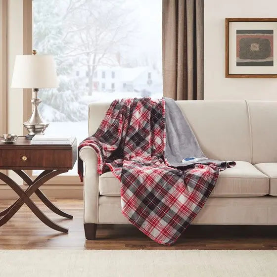 Oversized Plaid Plush Heated Throw Red