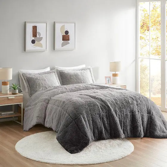Ombre Shaggy Long Fur Comforter Mini Set Grey Full/Queen