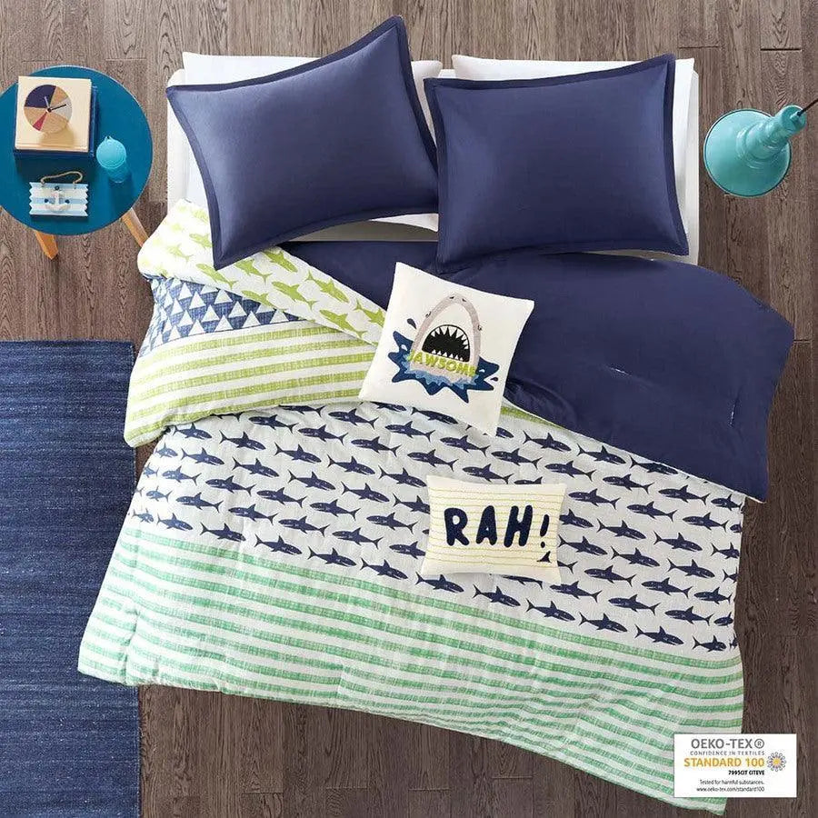 Finn Shark Casual Cotton Comforter Set Green & Navy Full/Queen