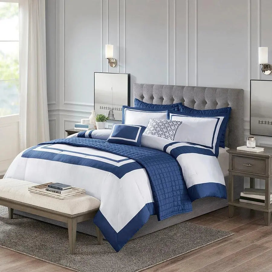 Heritage Full/Queen 8 Piece Hotel Comforter and Coverlet Set Collection Navy