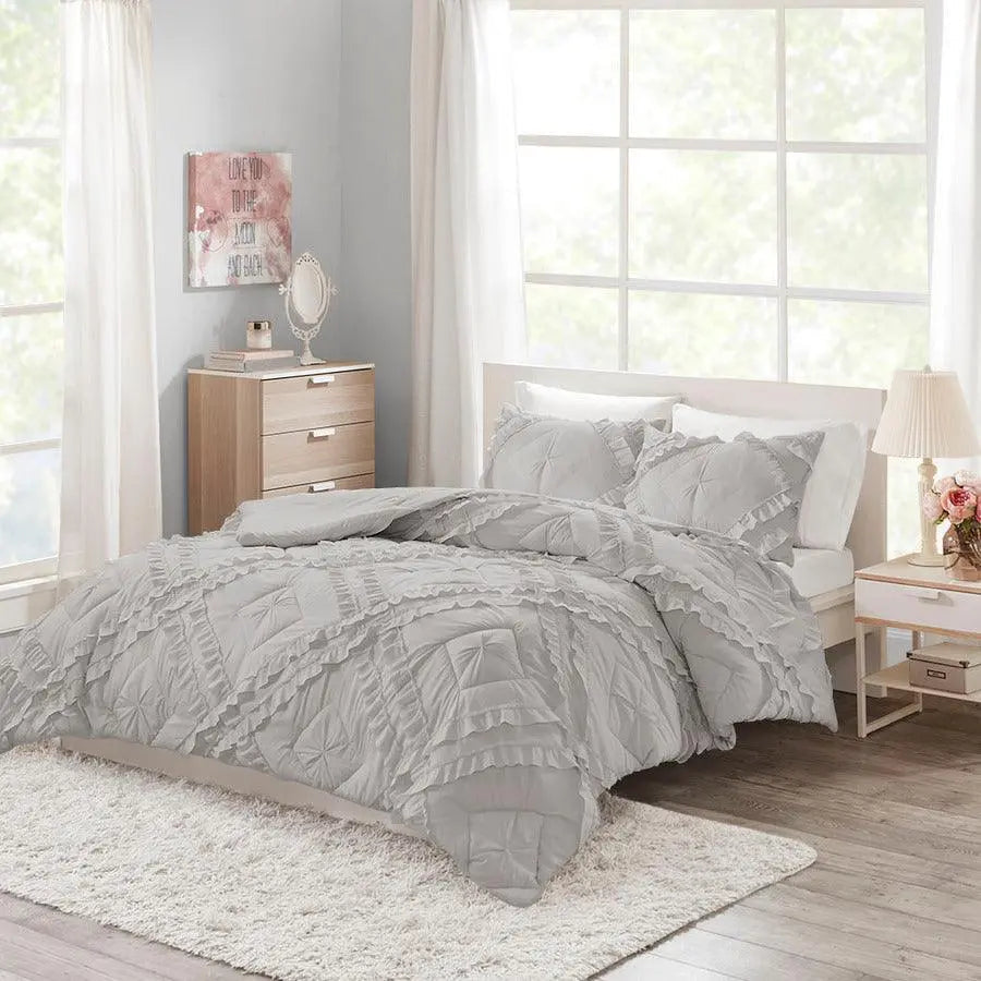 Kacie Twin/Twin XL Solid Coverlet Set With Tufted Diamond Ruffles Gray