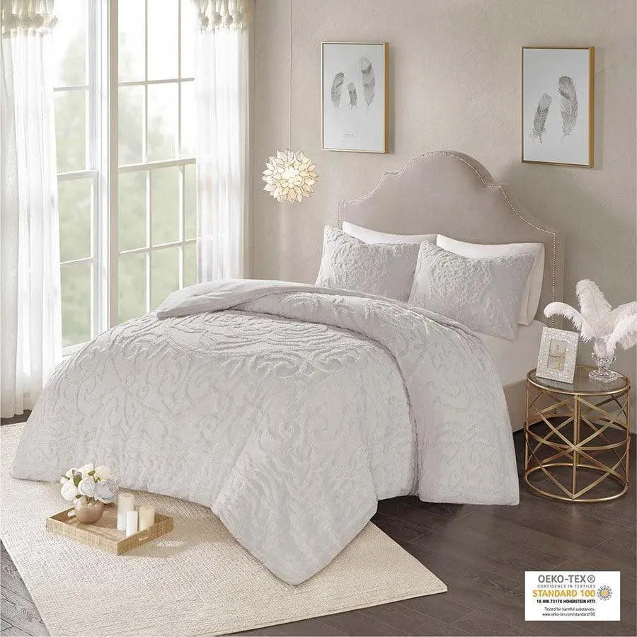 Laetitia Tufted Cotton Chenille Medallion Comforter Set Gray Full/Queen