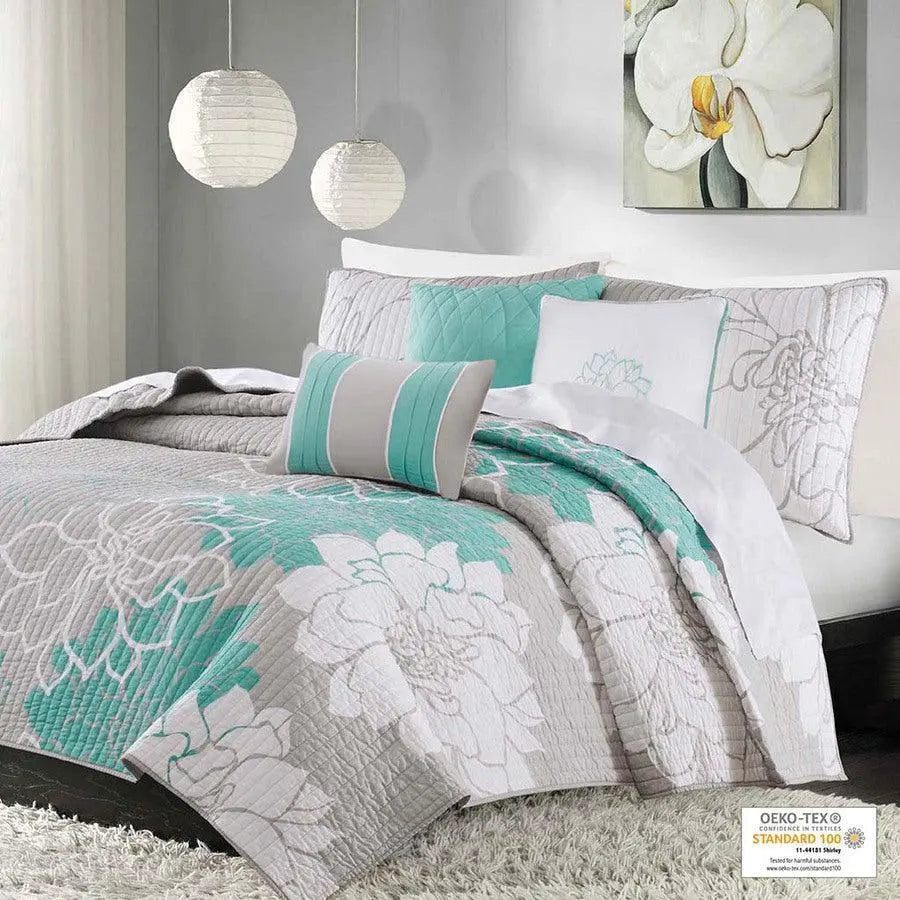Lola Full/Queen 6 Piece Reversible Cotton Printed Coverlet Set Aqua