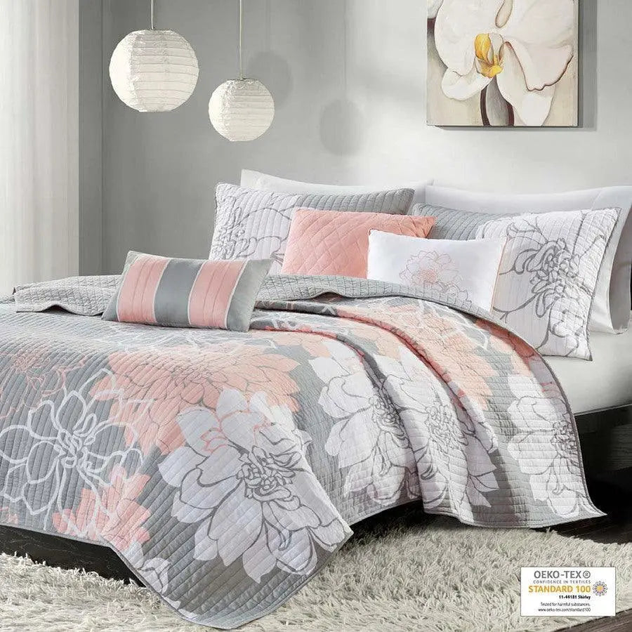 Lola Full/Queen 6 Piece Reversible Cotton Printed Coverlet Set Gray & Blush