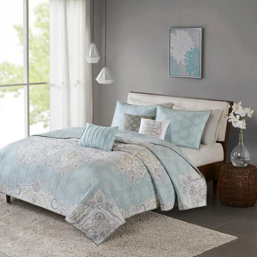 Lucinda King/California King 6 Piece Reversible Cotton Sateen Coverlet Set Seafoam