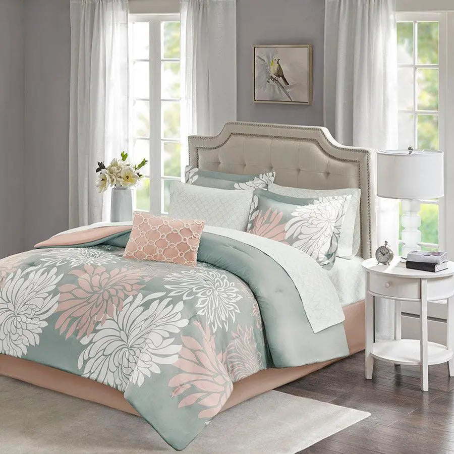 Maible Transitional Complete Comforter and Cotton Sheet Set Blush | Gray Cal King