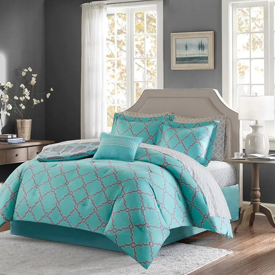 Merritt Reversible Comforter and Cotton Sheet Set Aqua Gray King