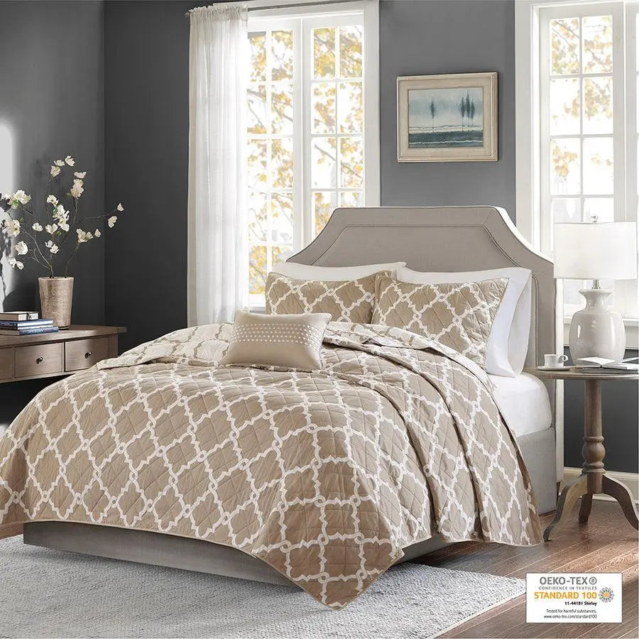 Merritt Transitional 4 Piece Reversible Coverlet Set Full/Queen Taupe