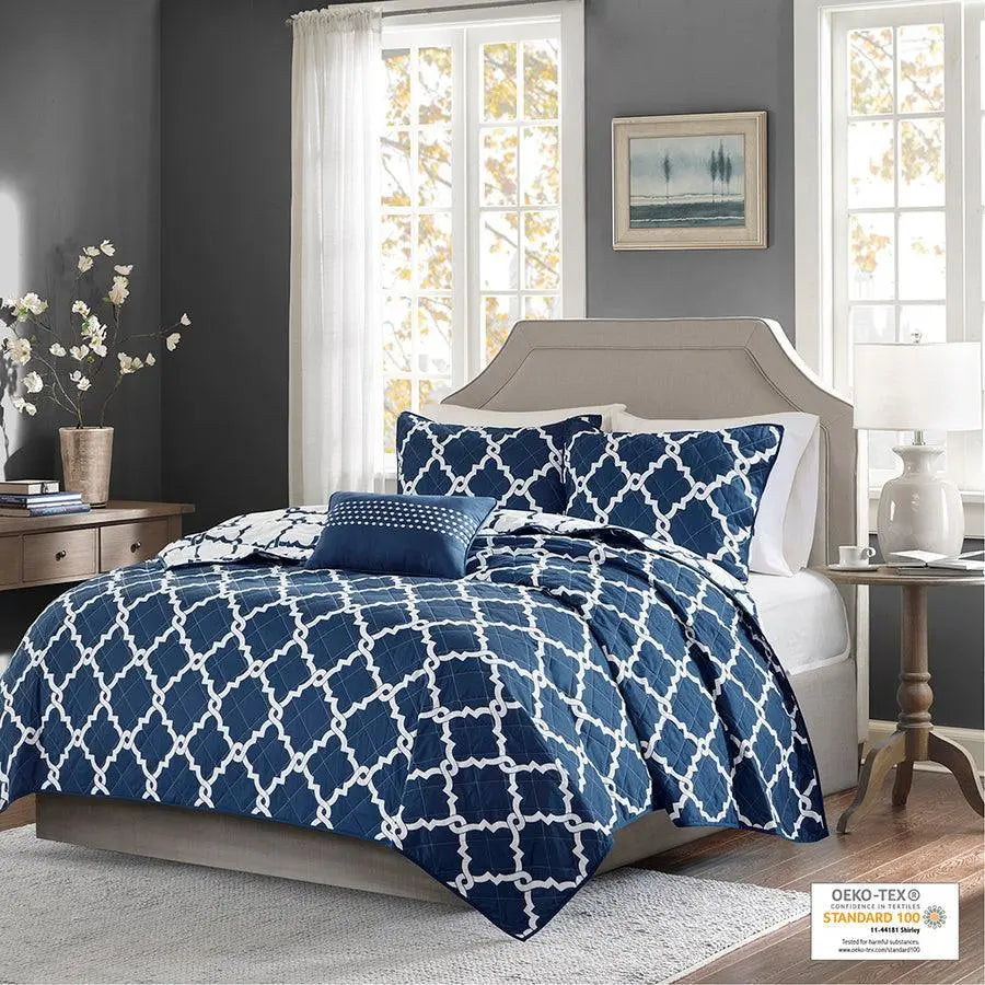 Merritt Transitional 4 Piece Reversible Coverlet Set King/Cal King Navy