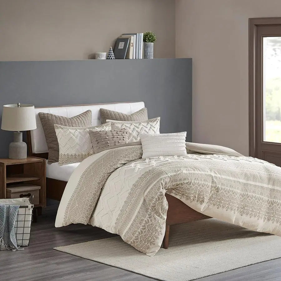 Mila Cotton Printed Comforter Set with Chenille Taupe Full/Queen