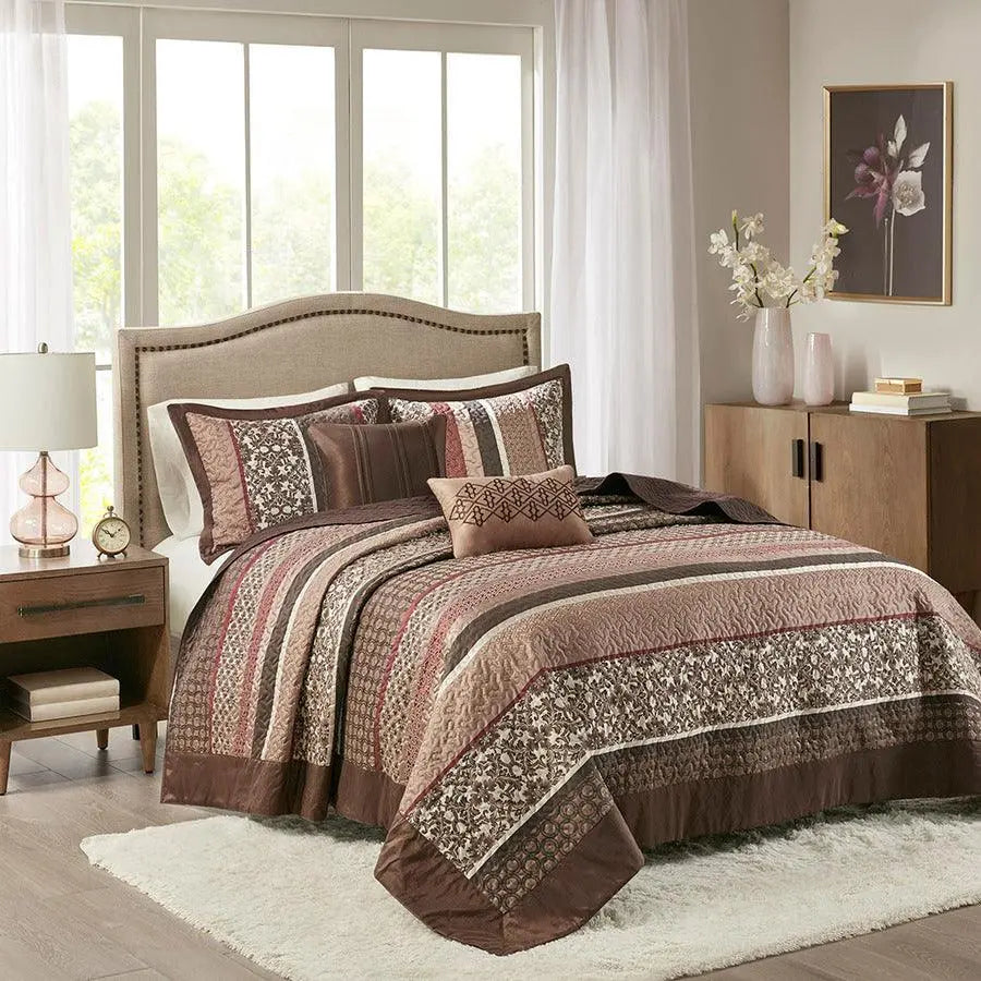 Princeton Queen 5 Piece Reversible Jacquard Bedspread Set Red