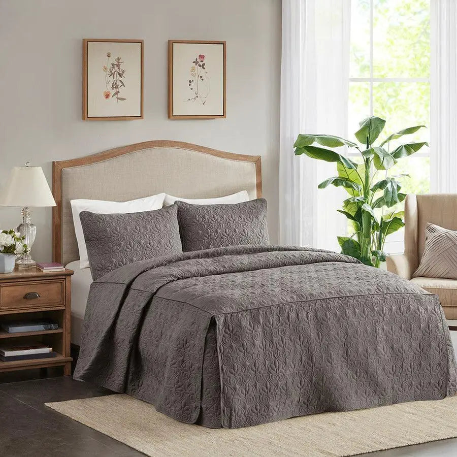 Quebec Queen 3 Piece Fitted Bedspread Set Dark Gray
