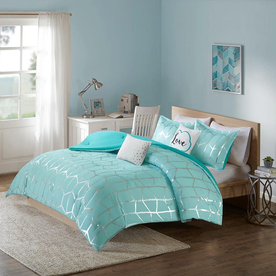 Raina Metallic 20 " D Printed Comforter Set Aqua & Silver Full/Queen
