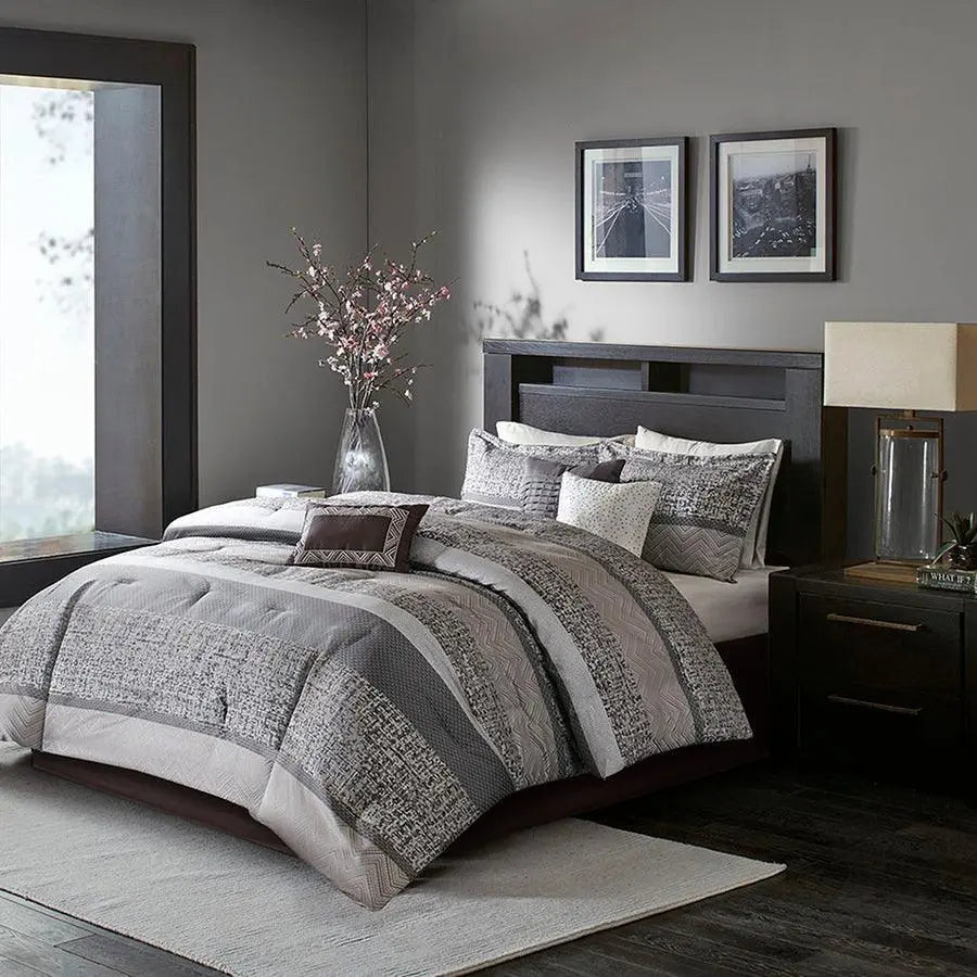 Rhapsody Casual 7 Piece Jacquard Comforter Set Gray | Taupe Cal King
