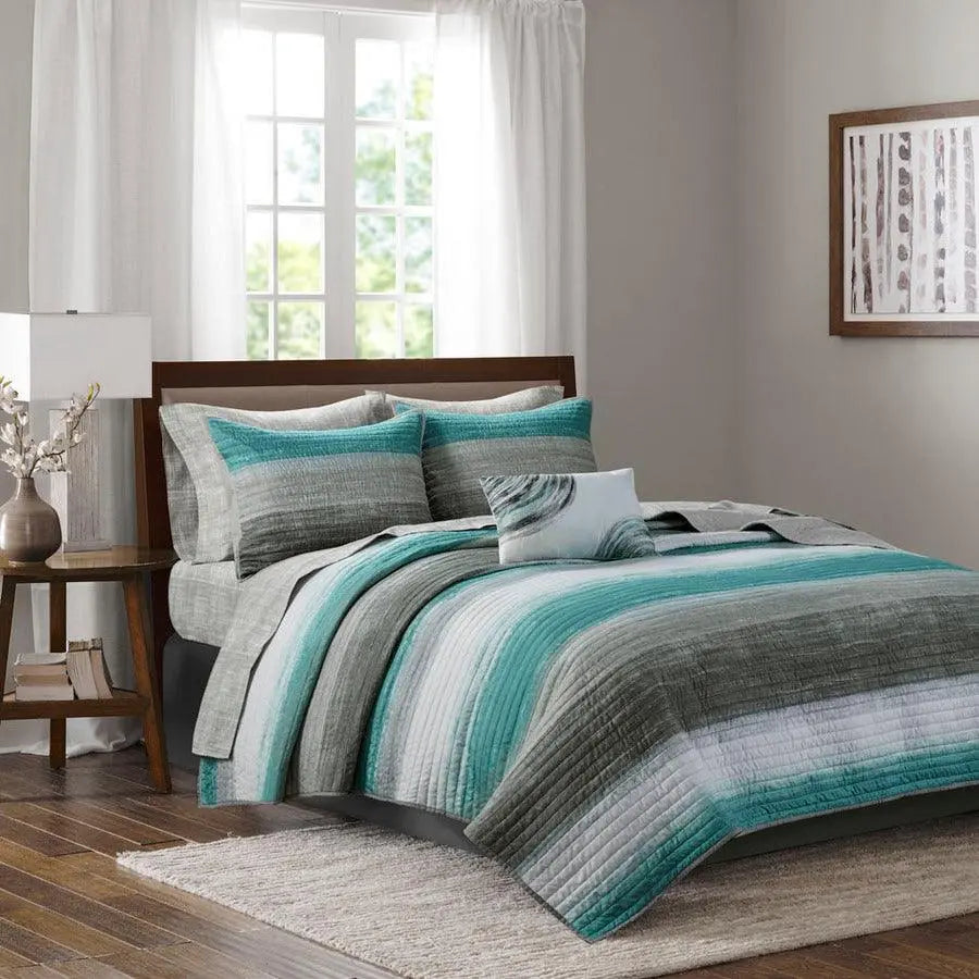 Saben Transitional Complete Reversible Coverlet and Cotton Sheet Set Twin Aqua