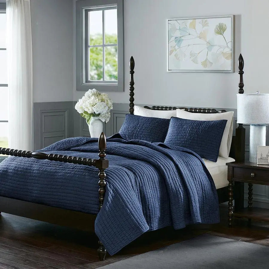 Serene Transitional Cotton Hand Quilted Coverlet Set Full/Queen Blue